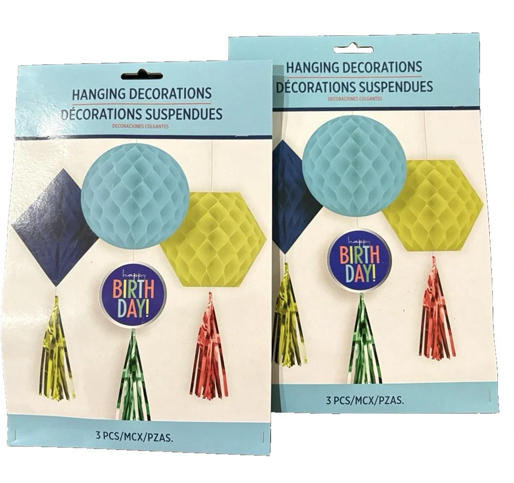 Happy Birthday Blue Green NEW 2 Packages tassels Honeycomb Hanging Decorations